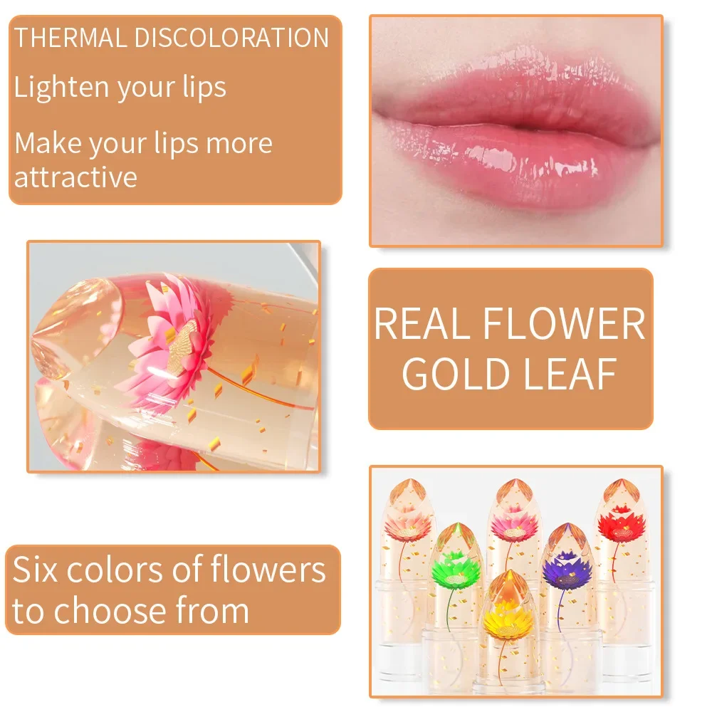 Getrocknete Blumen, Goldfolien-Gelee-Lippenstift, Farbwechsel, feuchtigkeitsspendend, Bloom Beauty, leicht, nicht klebrig, dauerhafte Lippenstift-Kosmetik