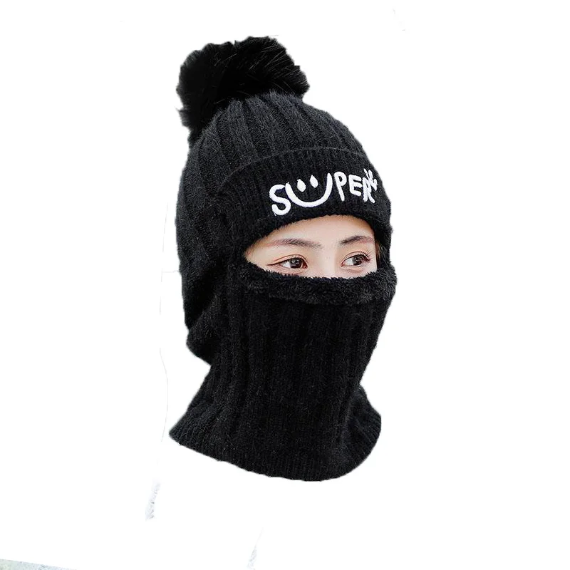 

Coral Fleece Winter Women Knitted Hats Add Fur Warm Winter Hats for Women Keep Face Warmer Balaclava Pompoms Caps