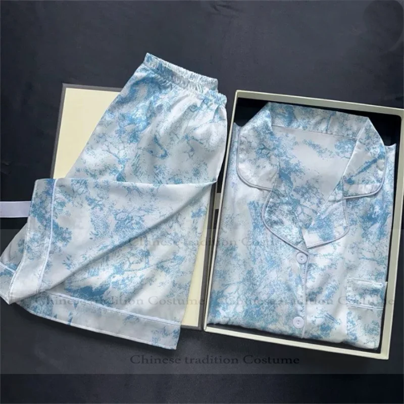 

Пижамные комплекты Домашняя одежда Пижама с принтом Mariage Femme Синий топ с короткими рукавами Шорты 2 шт. Домашняя одежда Ледяной шелк Pijama Mujer Outfit