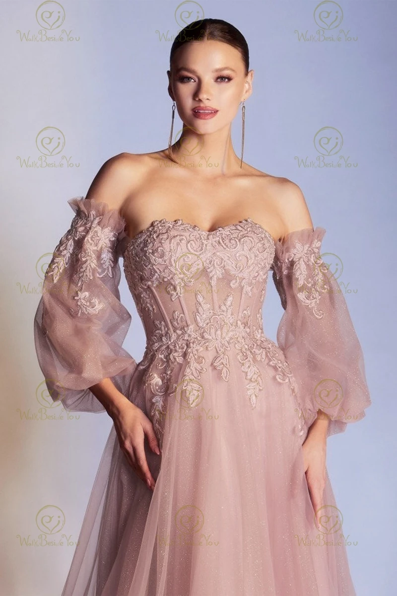 Glitter Prom Dresses 2023 Tulle Dusty-Rose Lace Boho Off Shoulder Strapless Sleeves Evening Gown Party Vintage Princess Formal