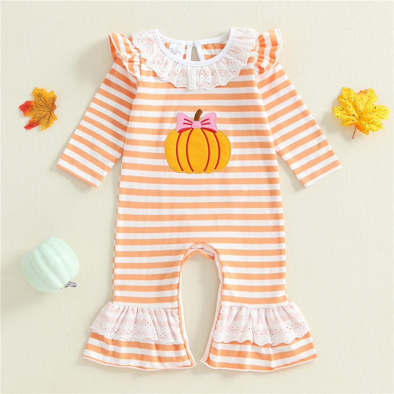 

0-18M Autumn Toddler Kids Girls Clothing Infant Baby Romper Long Sleeve Round Neck Lace Trim Ruffle Halloween Jumpsuits