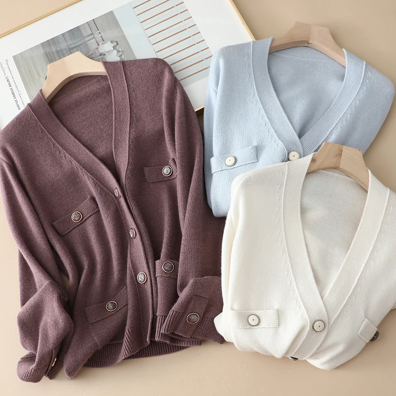 100% Cashmere Cardigan Women Casual Style Open Stitch Knitted Button Long Sleeve New Fashion