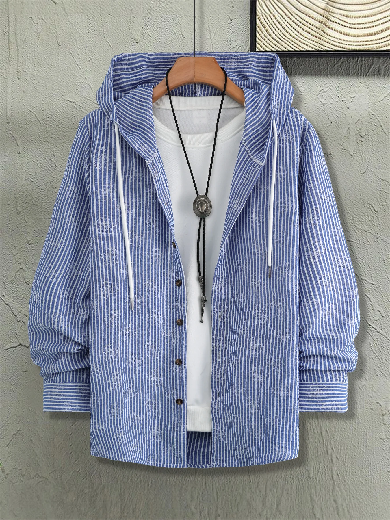 

Men's Blue White Stripe Jacquard Hooded Shirt Jacket Spring Fall Loose Casual Cardigan Top