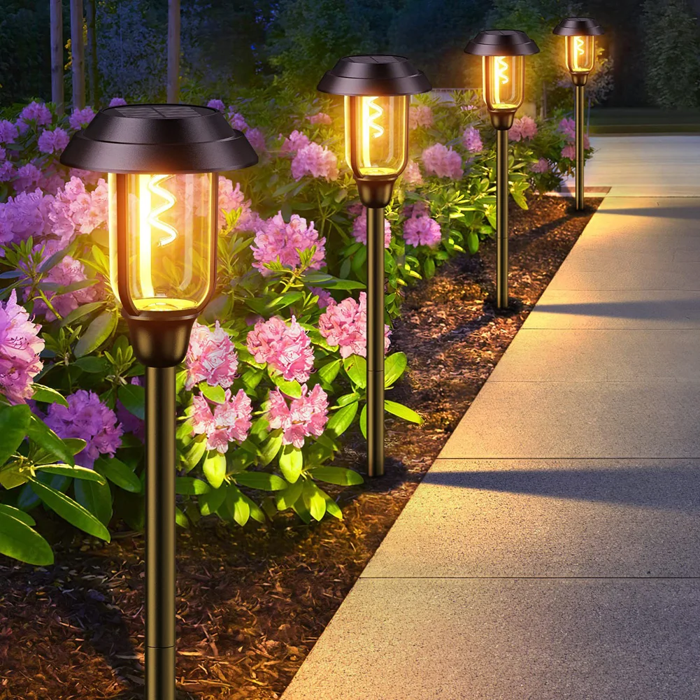 S-Shaped Tungsten Filamento Lâmpada, Outdoor Solar Pathway Lights, Waterproof Paisagem Luzes, Auto On and Off, 4 Pack