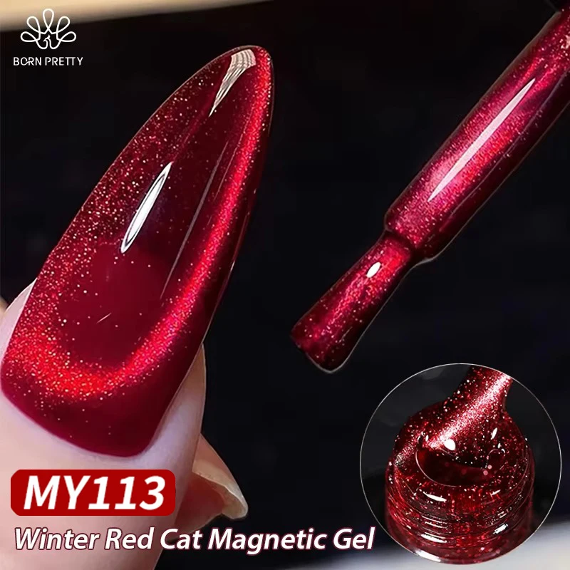 BORN PRETTY 10ml Ciemnoczerwony Magnetyczny Lakier Hybrydowy do Paznokci z Efektem Kociego Oka na Zimowe Paznokcie DIY Jelly Glass Silver-Light Varnis Półtrwały