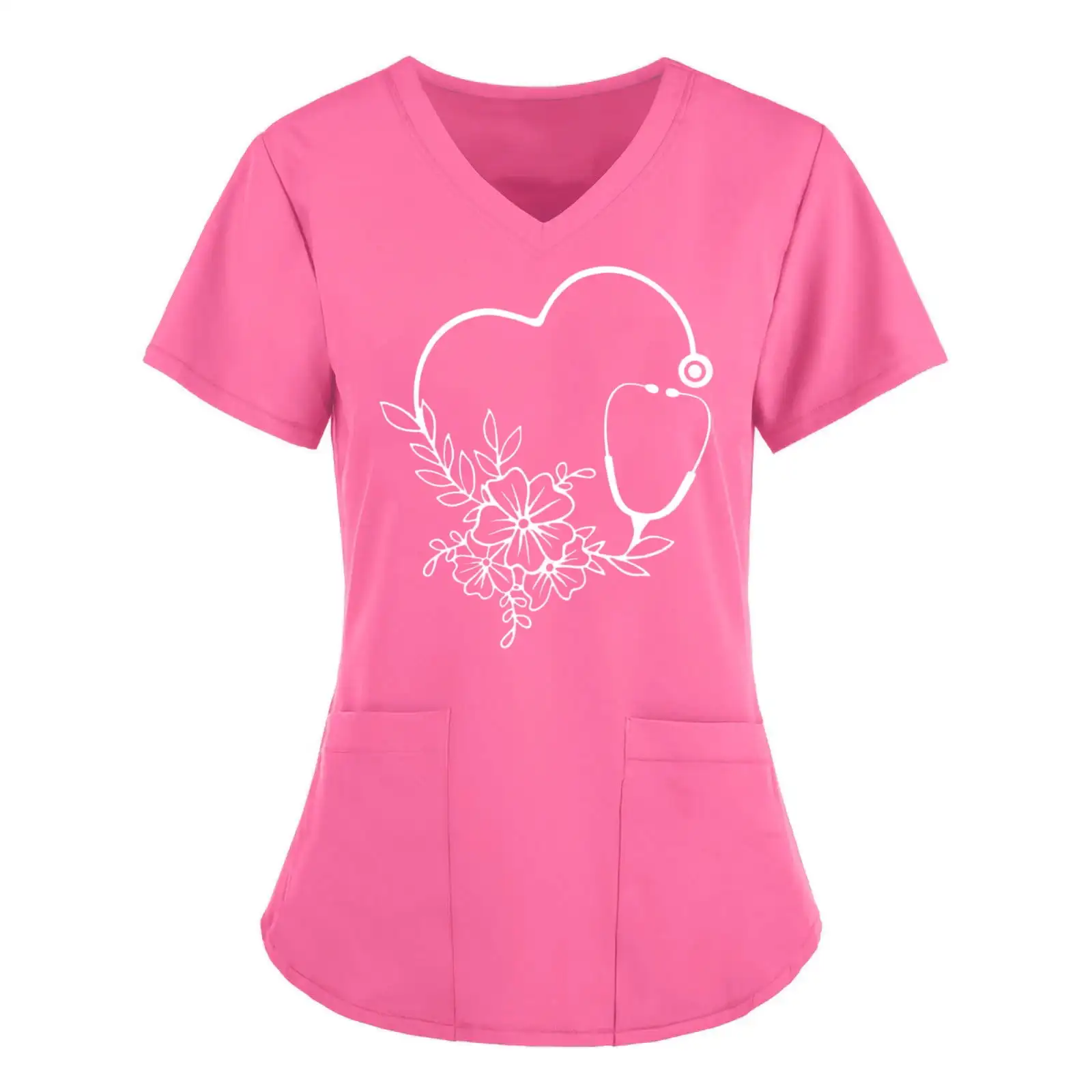 Surgical Uniforms Woman Solid Color Heart Healing Print Nurse Uniform Woman V-Neck Short Sleeve Patch Pocket Top Women\'s Scrub