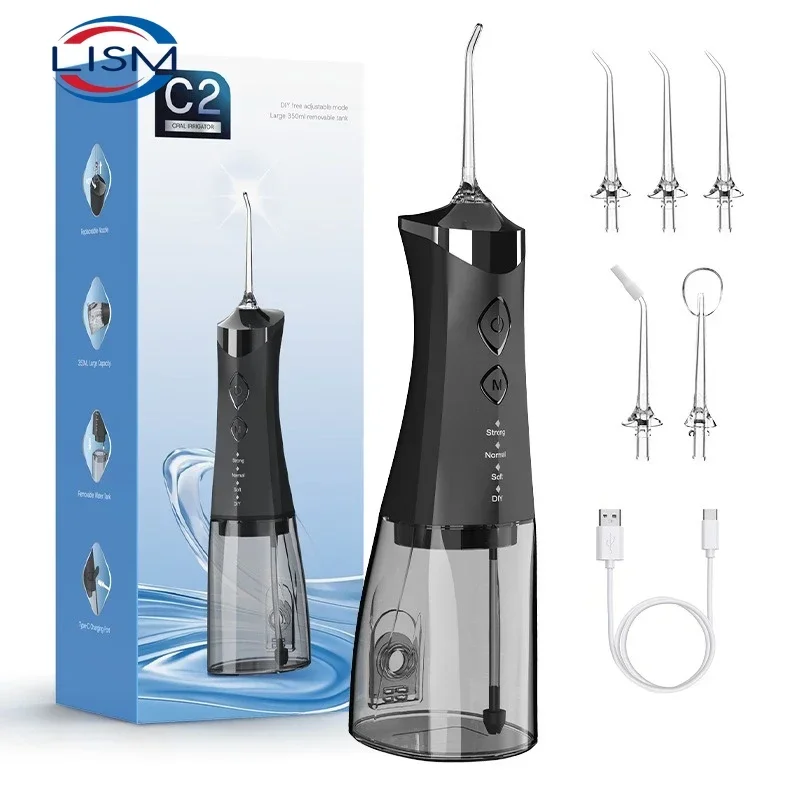 

C2 Portable Cordless Water Flosser USB Rechargeable Water Jet Floss Tooth Pick 4 Jet Tip 350ml 3 Modes Teeth Clean for Travel