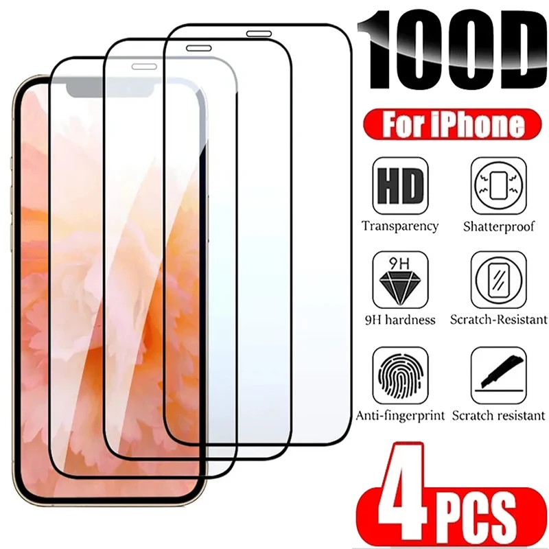 Protector de pantalla de vidrio templado, cubierta completa para iPhone 14, 13, 12, 11, 15 Pro Max, 12, 13 Mini, 14, 15 Plus, 14 Pro, 4 unidades