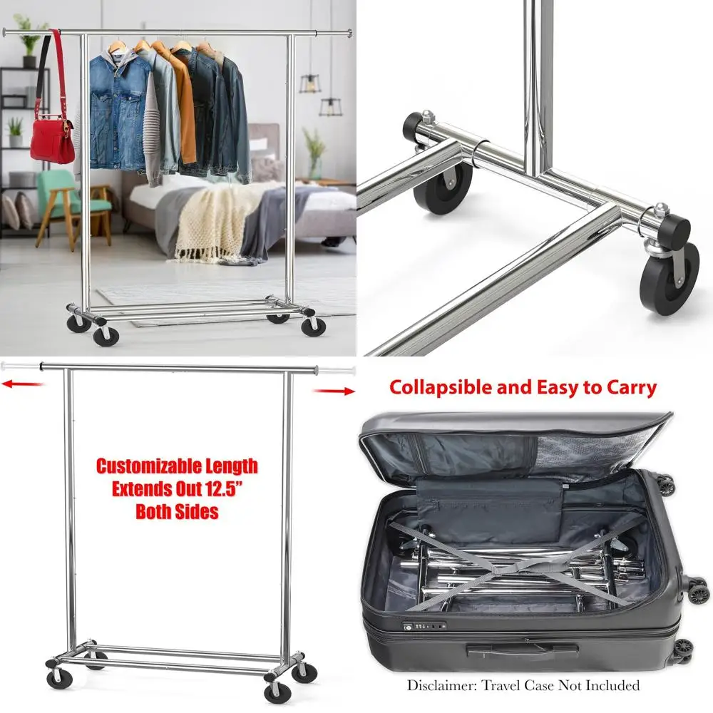 

Прочная регулируемая вешалка для одежды, выдерживает до 68 кг, выдвижная штанга 107-170 см, хромированная отделка