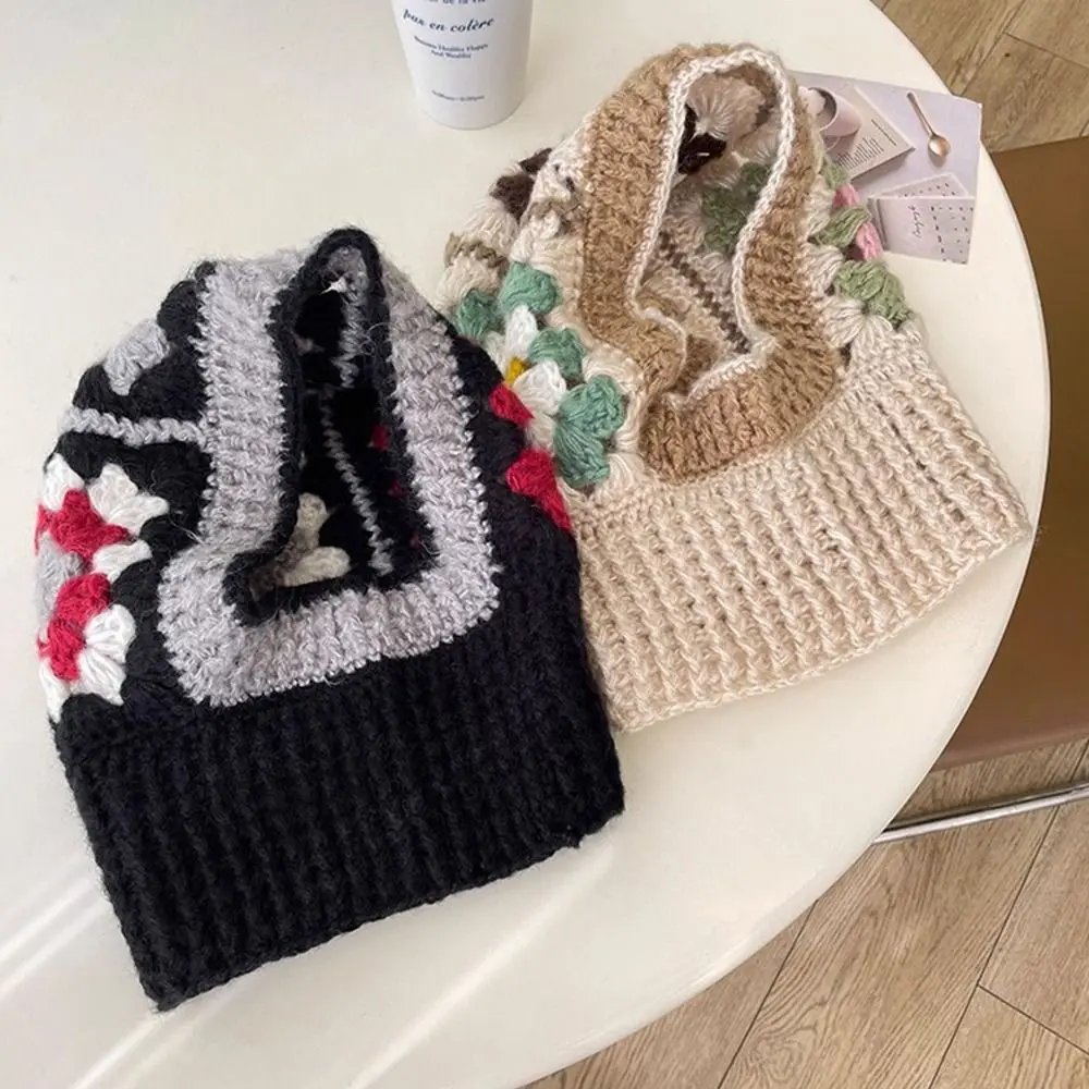 

Ветрозащитная вязаная крючком шапка-балаклава ручной работы с цветком, красочная шея, теплая вязаная шапка из пряжи, защита ушей, пуловер, шапка на открытом воздухе