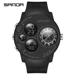 Fashion Sanda 2024 Outdoor Mens Top Brand Military Sports Quartz Dual Display Creative Waterproof Electronic Multifunction Watch