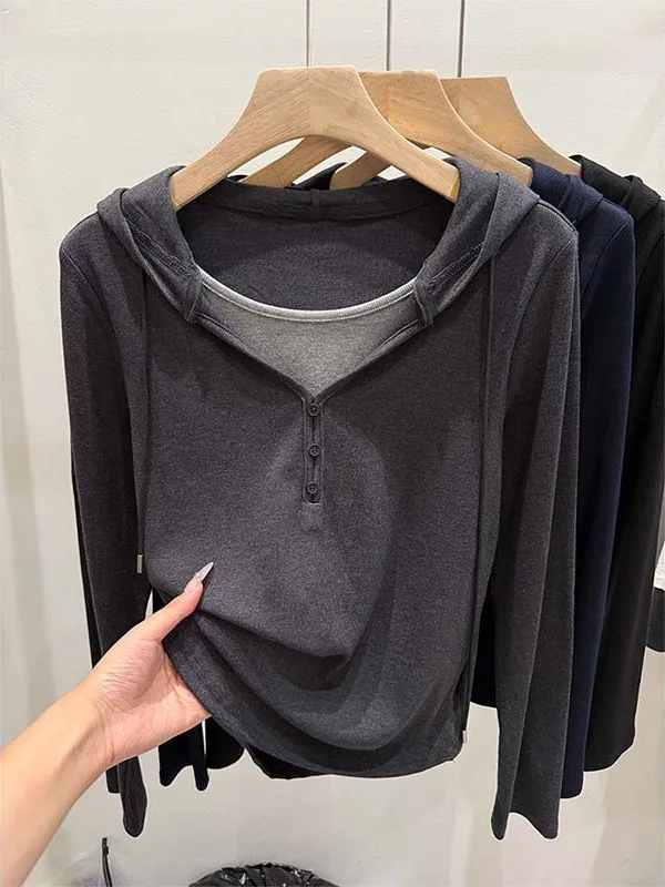 Hooded Base Layer Long Sve Sweatirt Spring Autumn Thin Casual T-irt Small Size Inner Wear Layered Hoodie Top