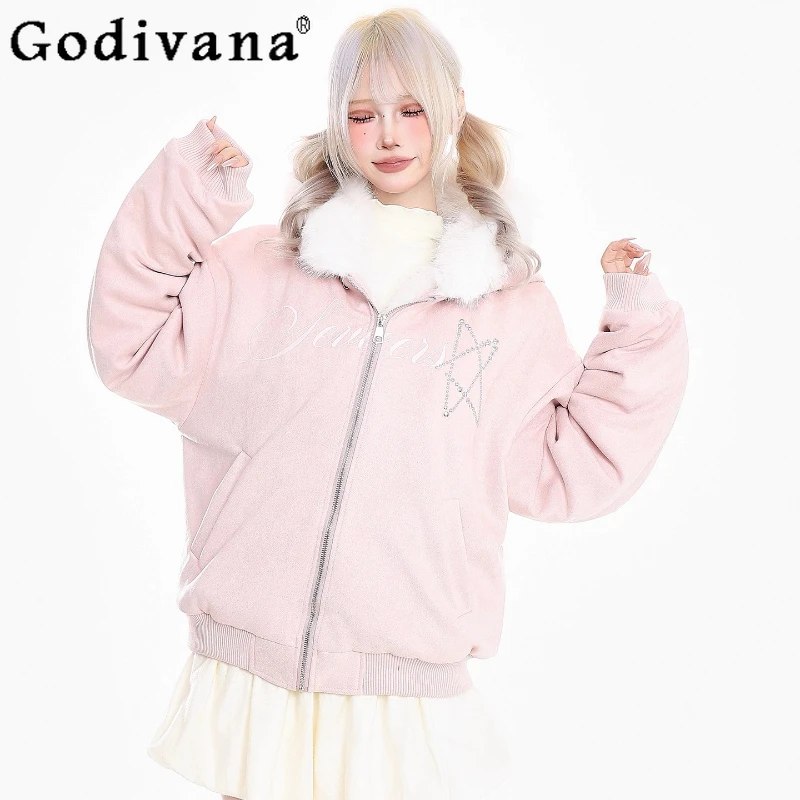 Y2K الفتيات الأرنب الأذن مقنعين سترات النساء الشتاء فضفاضة سميكة مبطن سترة قطن الإناث النمط الياباني معطف القطن الدافئ