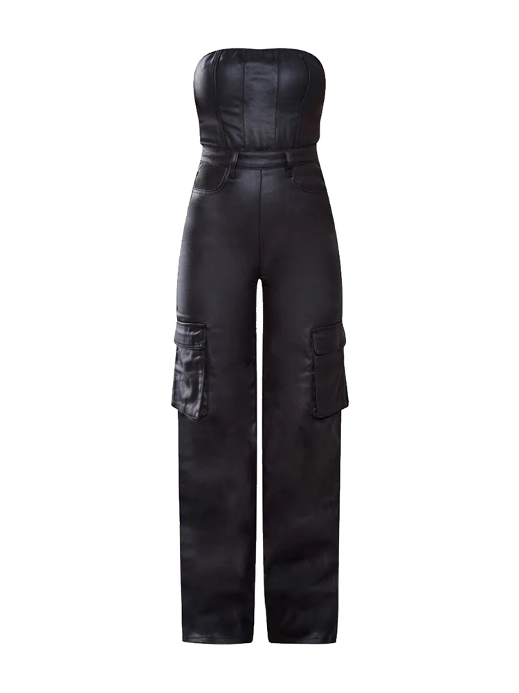 LW Bandeau Black Jumpsuits Faux Leather Sexy Plain Pocket One Piece Casual Plain Streetwears PU Sleeveless Long Pants