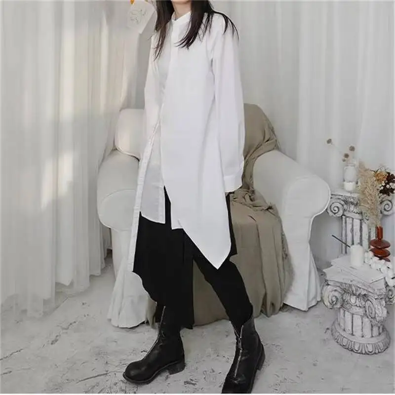 قميص نسائي طويل الأكمام نمط جديد شخصية عدم التماثل غير النظامية التفكيك موضة الهيب هوب الاتجاه قميص كبير الحجم