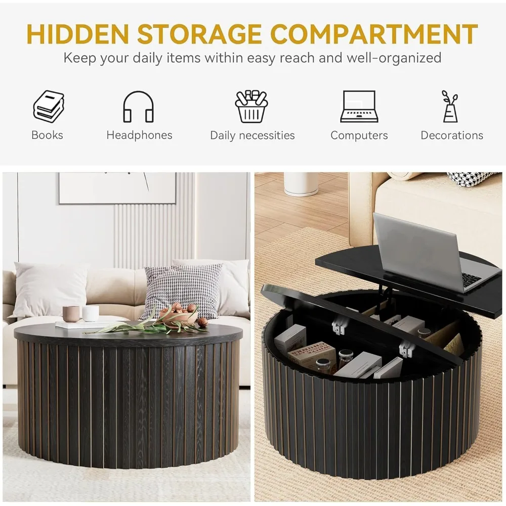 طاولة قهوة مع مساحة تخزين، طاولات قهوة مستديرة للمزرعة مقاس 31.5 بوصة لغرفة المعيشة، طاولات مركزية خشبية حديثة مع