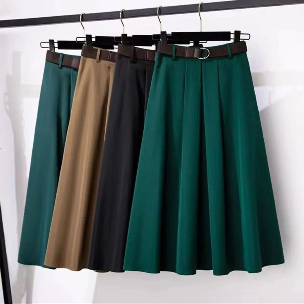 Women Midi Skirt Solid Color High Waist Large Hem Design A-Line Skirt with Belt Soft Breathable Draped Skirt