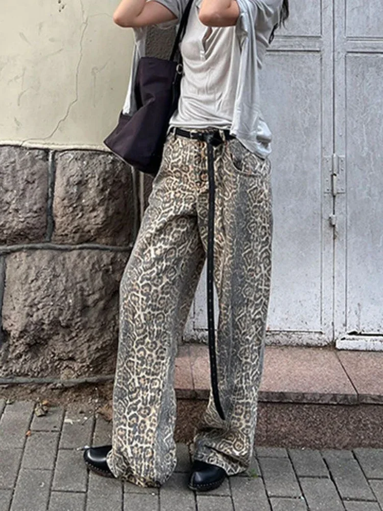 Houzhou American Leopard Y2k Wasch jeans Frauen Vintage gestapelte Jeans beige High Street übergroße gerade Jeans hohe Taille baggy