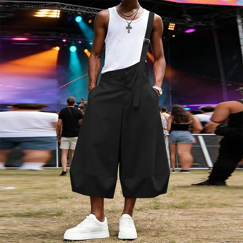 

INCERUN Men's Irregular Straps Overalls Solid Loose Rompers For Man Streetwear 2026 Oversize Stylish Casual Wide Leg Jumpsuits