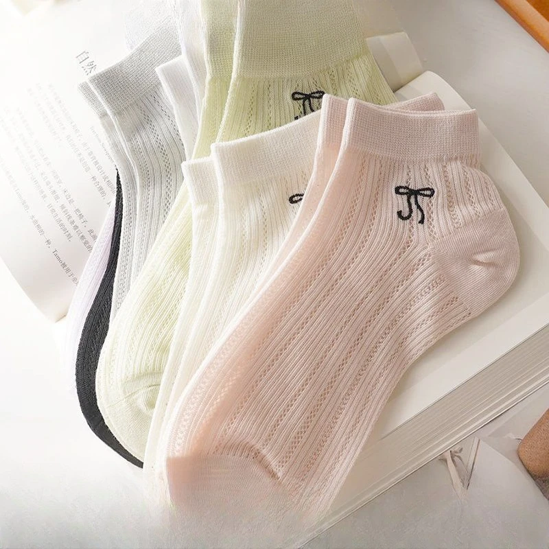 

7 PairsBreathable Hollow Out Socks Thin Mesh Bow Candy Color Mid Calf Socks