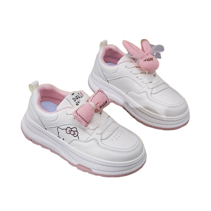 Hello Kitty Girl White Shoes Lace Up Light Versatile Leisure Flat Outdoor Shoes Cartoon Antislip Simple Student Shoe Sneakers