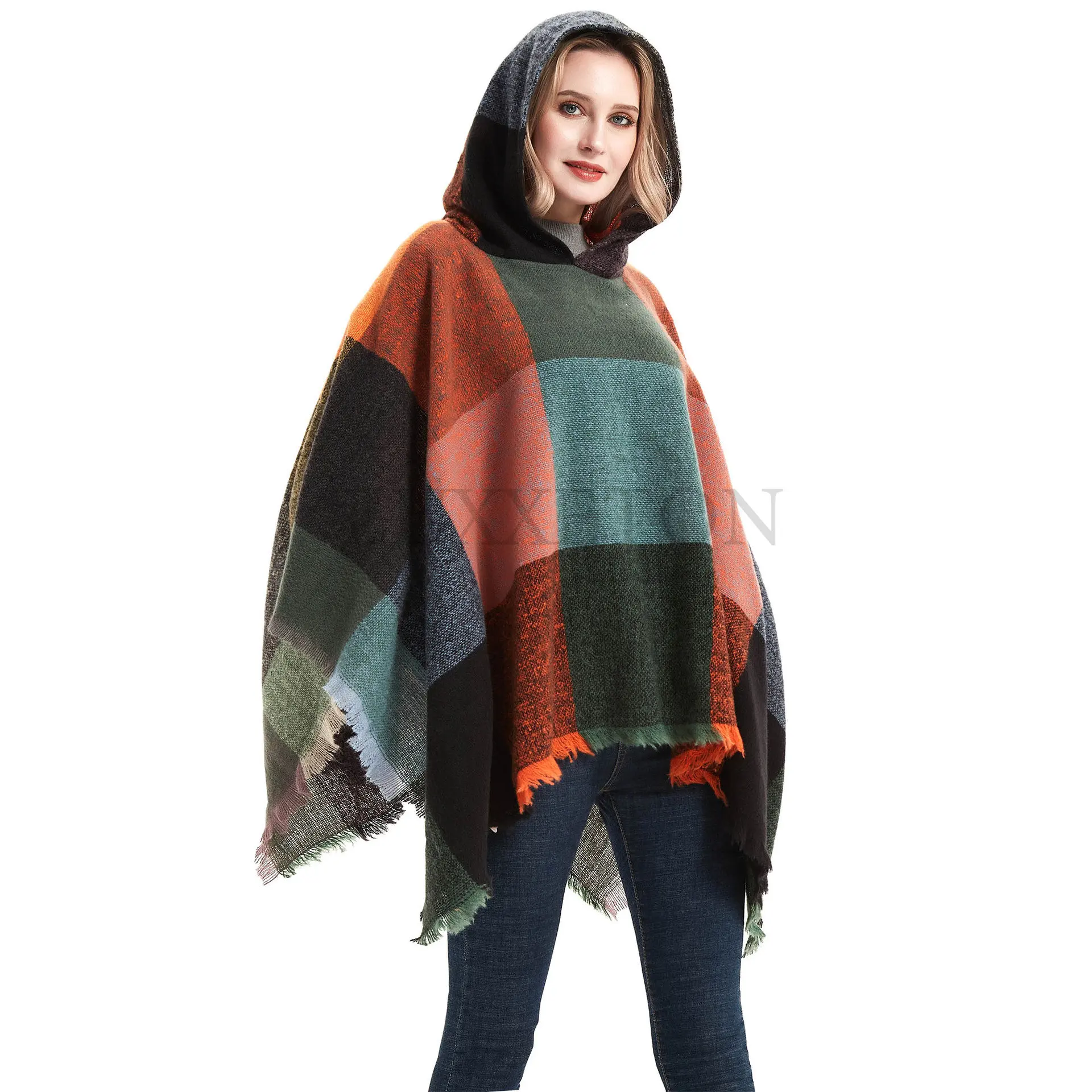 Ladies Hooded Plaid Cape Square Sweater Thicken Winter Shawl Wraps Blanket Scarf Coat Ponchos for Women