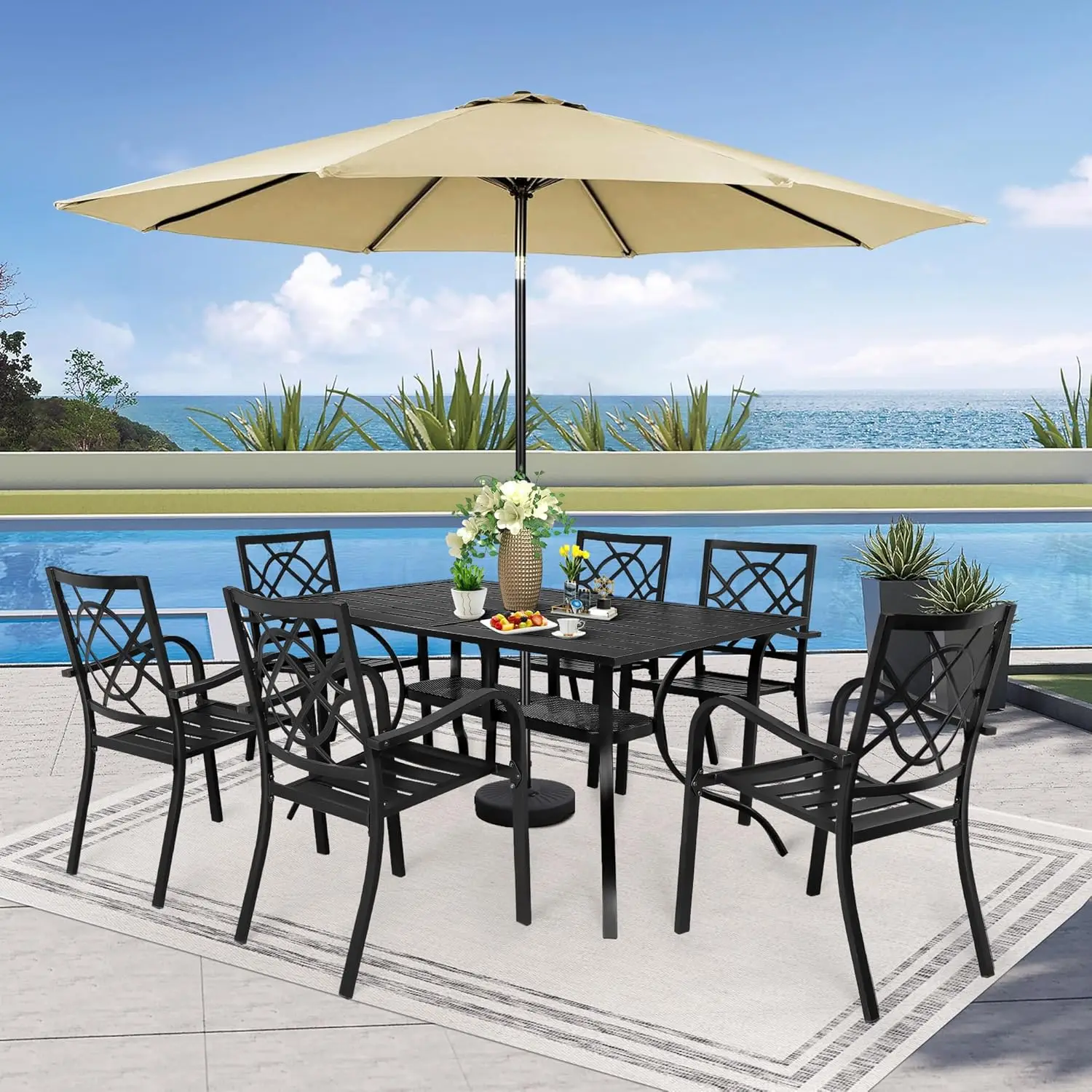 7-Piece Outdoor Wrought Iron Chairs and Table Patio Dining Furniture Set - 6 Stackable Metal Chairs, 1 Steel Slat Bistro Table