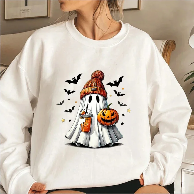 

New Autumn Winter Women's Sweatshirt Halloween Ghost Pumpkin Bat Print Round Neck Pullovers Ladies Casual Halloween Sweatshirt