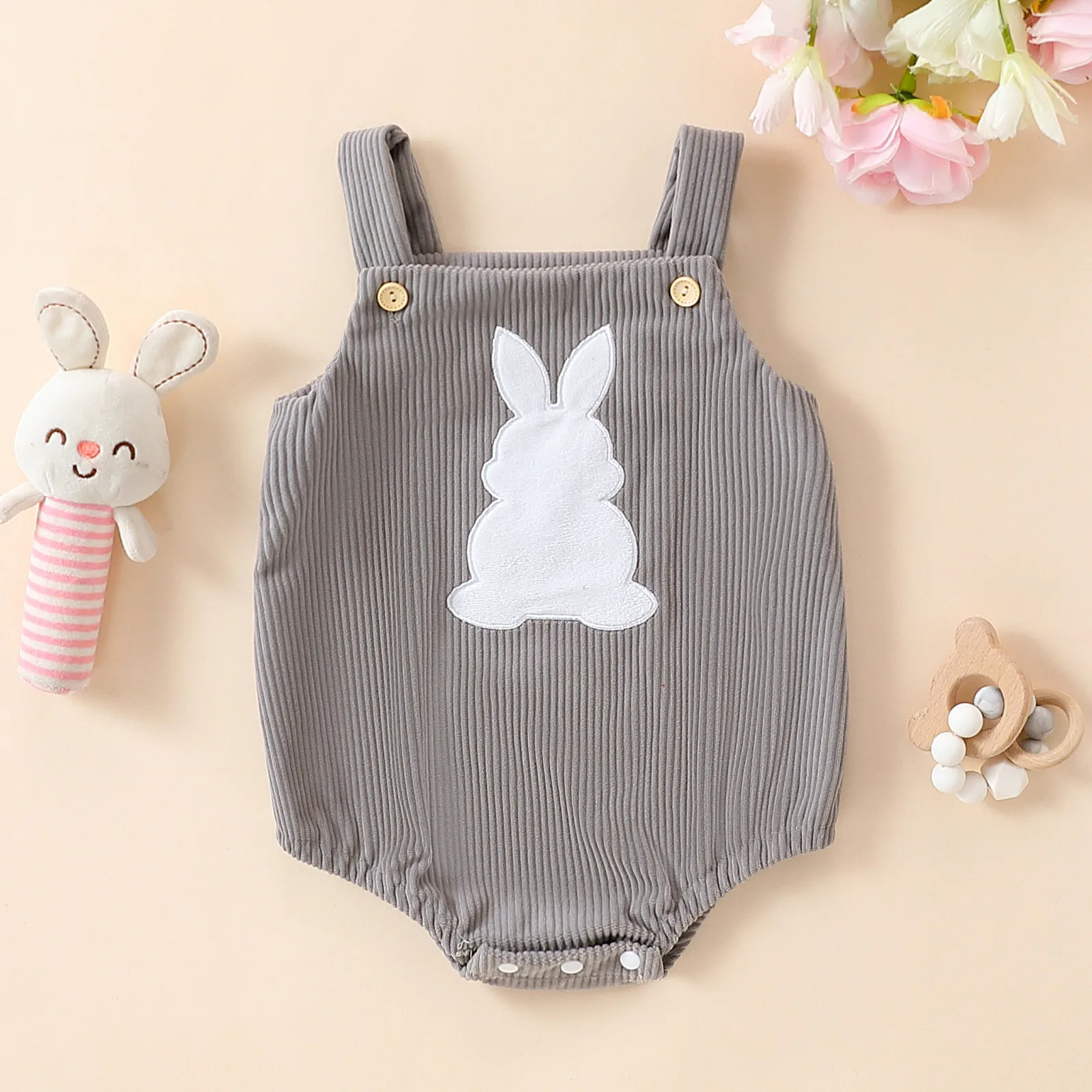 Newborn Baby Girls Boys Easter Corduroy Romper Square Neck Button Down Rabbit Patch Appliques Tank Top Jumpsuit Overalls 0-18M