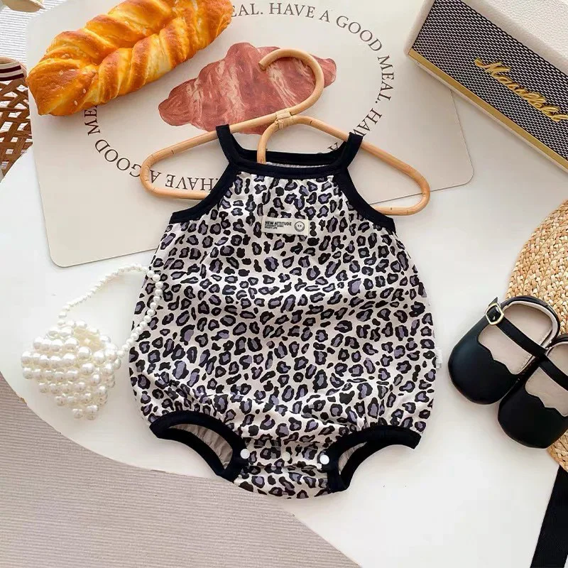 Cute baby onesie summer thin newborn baby leopard print fart coat suspender triangle jersey summer clothes