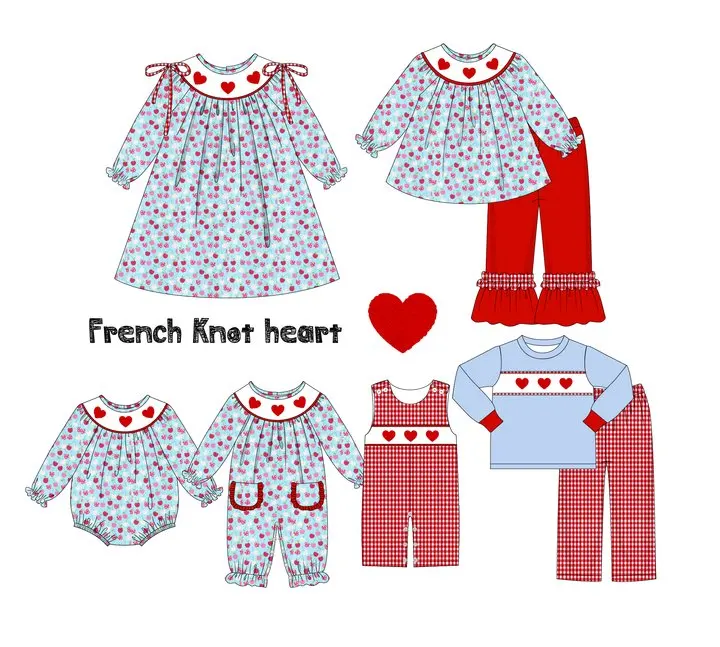 Valentine\'s Day Baby Long Sleeve T-shirt Set Round Neck French Knot  Pattern Boy Top Clothes And Red Lattice Shorts Suit Romper