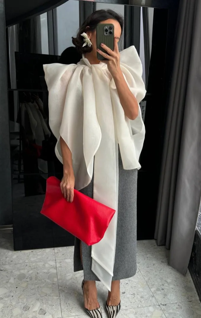 Women Bow Organza Blouses Solid Sheer O-neck Sleeveless Party Blouse 2026 Summer Lady Chic Holiday Streetwear New Women Tops