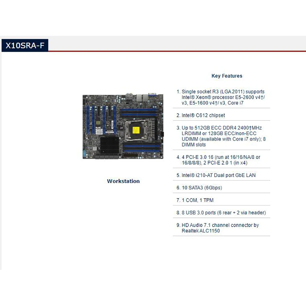 For Workstation Motherboard LGA2011 Support E5-2600/1600 V4/V3 i7 DDR4 PCI-E 3.0 SATA3 X10SRA-F