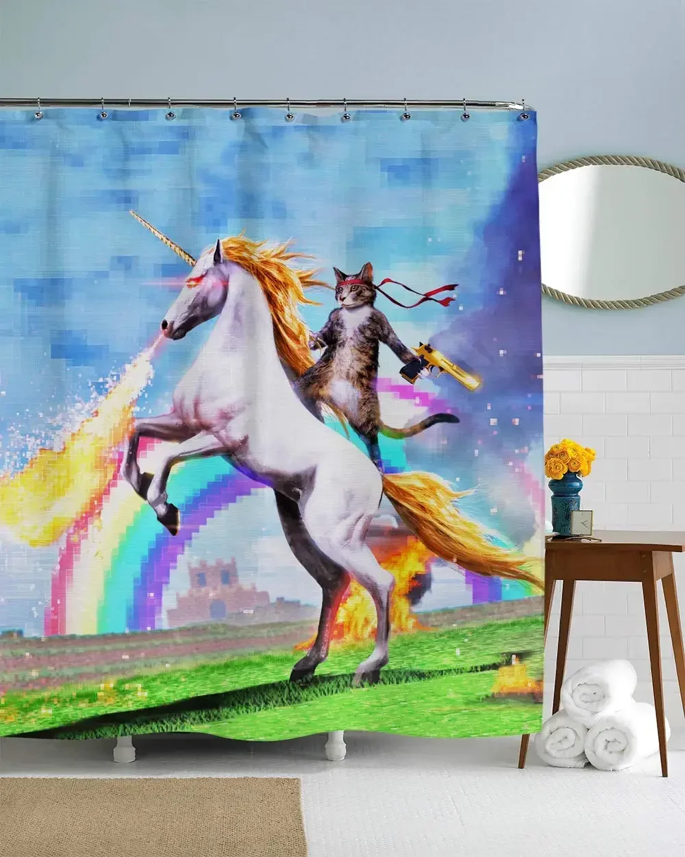 Cool Cat Shower Curtain Set Man Cave Bathroom Decor Awesome Unicorn Shooting Fire Blue Polyester