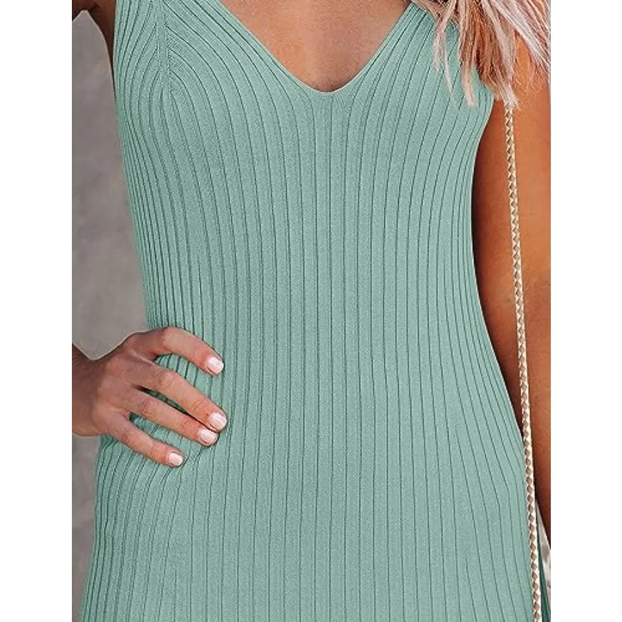 Womens Summer Bodycon Knit Midi Dress 2026 Deep V Neck Sleeveless Baby Shower Vacation Ribbed Long Sweater Dresses - view 5
