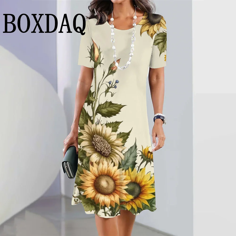 2025 New Summer Women's Dresses Sundress Floral Printed Elegant Casual Short Sleeve Dresses Fashion Loose Pullover Mini Dresses