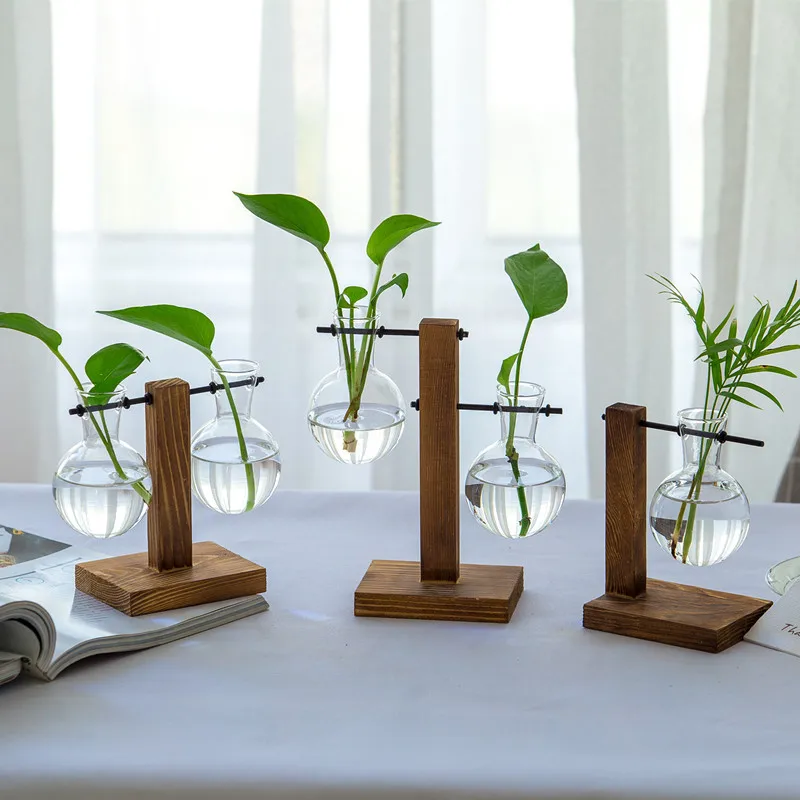 

Transparent Bulb Vase with Wooden Desktop Stand Glass Planter for Hydroponics Plants Coffee Shop Room Tabletop Decoration