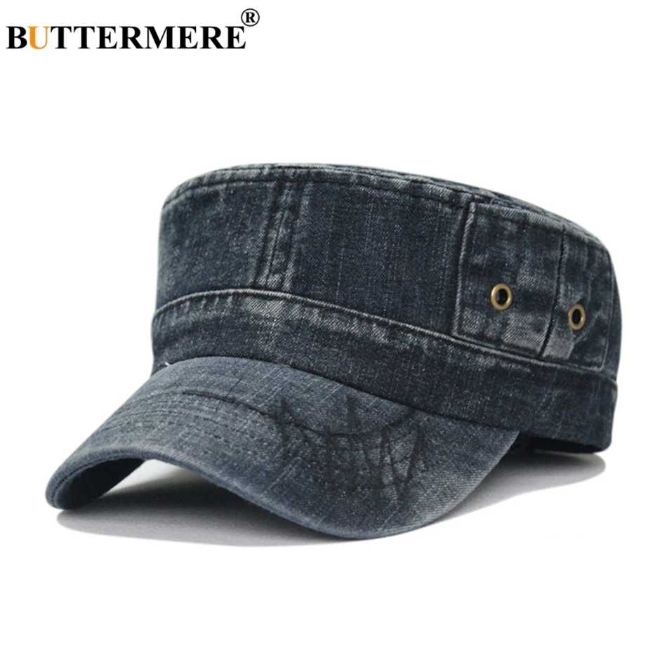 BUTTERMERE Army Hats Denim Mens Vintage Spring Summer Baker Boy Hat Male Casual Flat Top Jeans Beret Military Caps And Hats