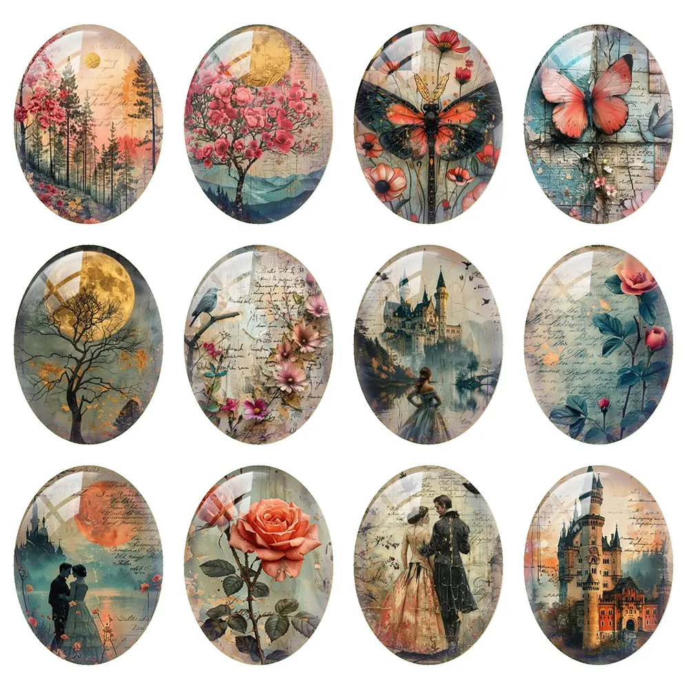 Random Mixed Round/Oval/Square Retro Fantasy Flower Moon Dragon Photo Glass Cabochon Flatback Demo Cameo For Diy Jewelry Making
