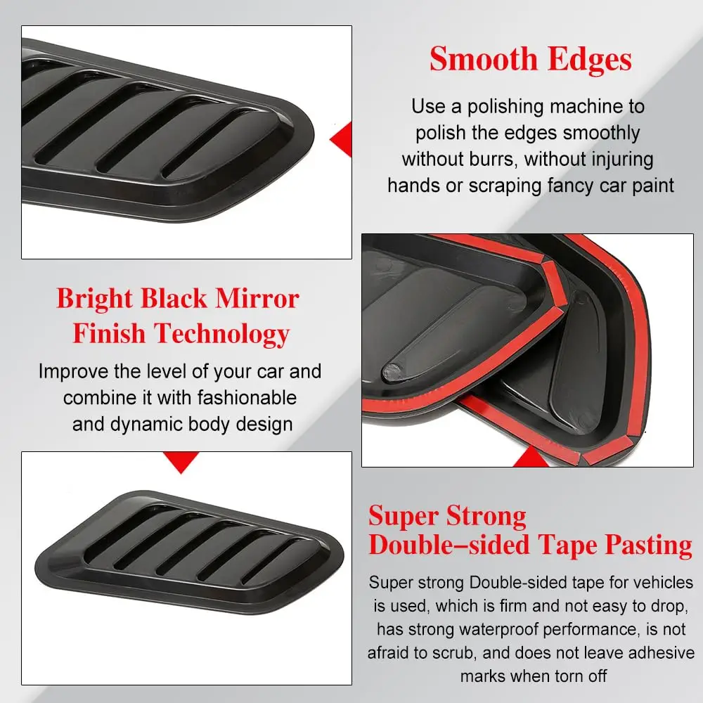 2Pcs 33cm side Hood Air Flow Intake Cover Decorative Cell Hood Scoop Bonnet Vent Cover Sticker Universal fit any FLAT Hood Car
