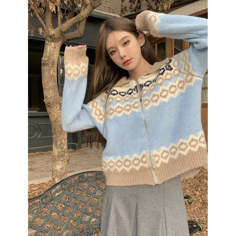 Women's Fashion New Style POLO Collar Jacquard Short and Thick Design Sweater Temperament Long Sleeve Blue Cardigan Coat Autumn