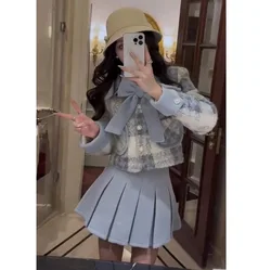 Korean Fashion Design Sense Contrasting Color Checkered Small Fragrance Jacket+A-line Pleated Skirt Two-piece Set Female Clothes