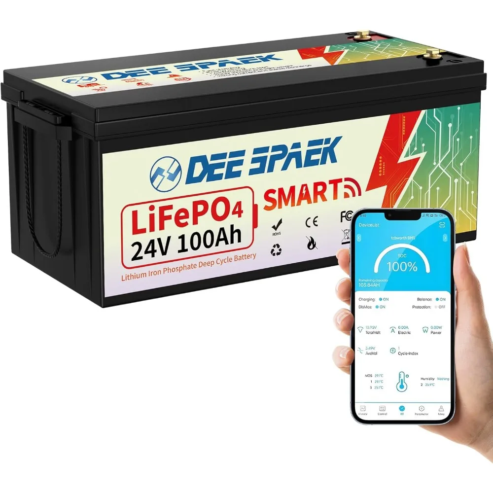 

24V 100Ah LiFePO4 Battery with Bluetooth Monitoring, 15000+ Deep Cycle 24v Lithium Batteries, 100A Smart BMS