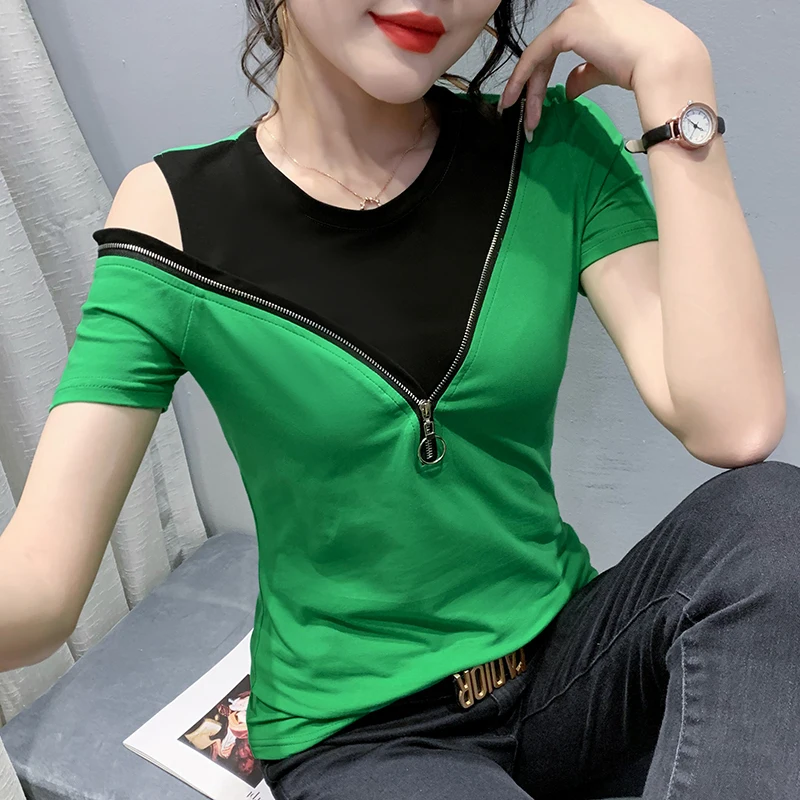 2023 Summer Korean Style Cotton T-Shirt Women Chic Sexy Off Shoulder Spliced Zipper Tops Short Sleeve Color Blocking Tees 35024