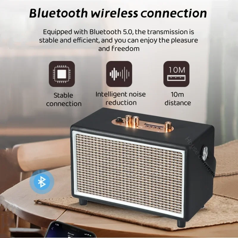 Portable Wood Cabinet Retro Bluetooth Speaker 50W with Elegant and Vintage Design and Full Range Driver for Home Office Outdoor