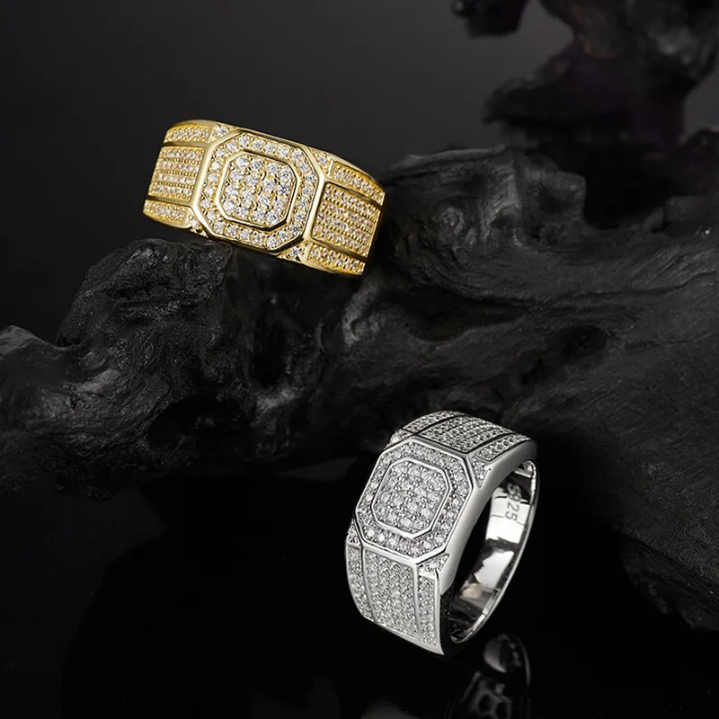 خاتم مطلي بالذهب عيار 18 قيراط من الفضة الإسترليني S925، خاتم مثمن كامل مويسانيتي مرصع على طراز الهيب هوب للرجال والنساء جوهرة الحفلات الفاخرة #3