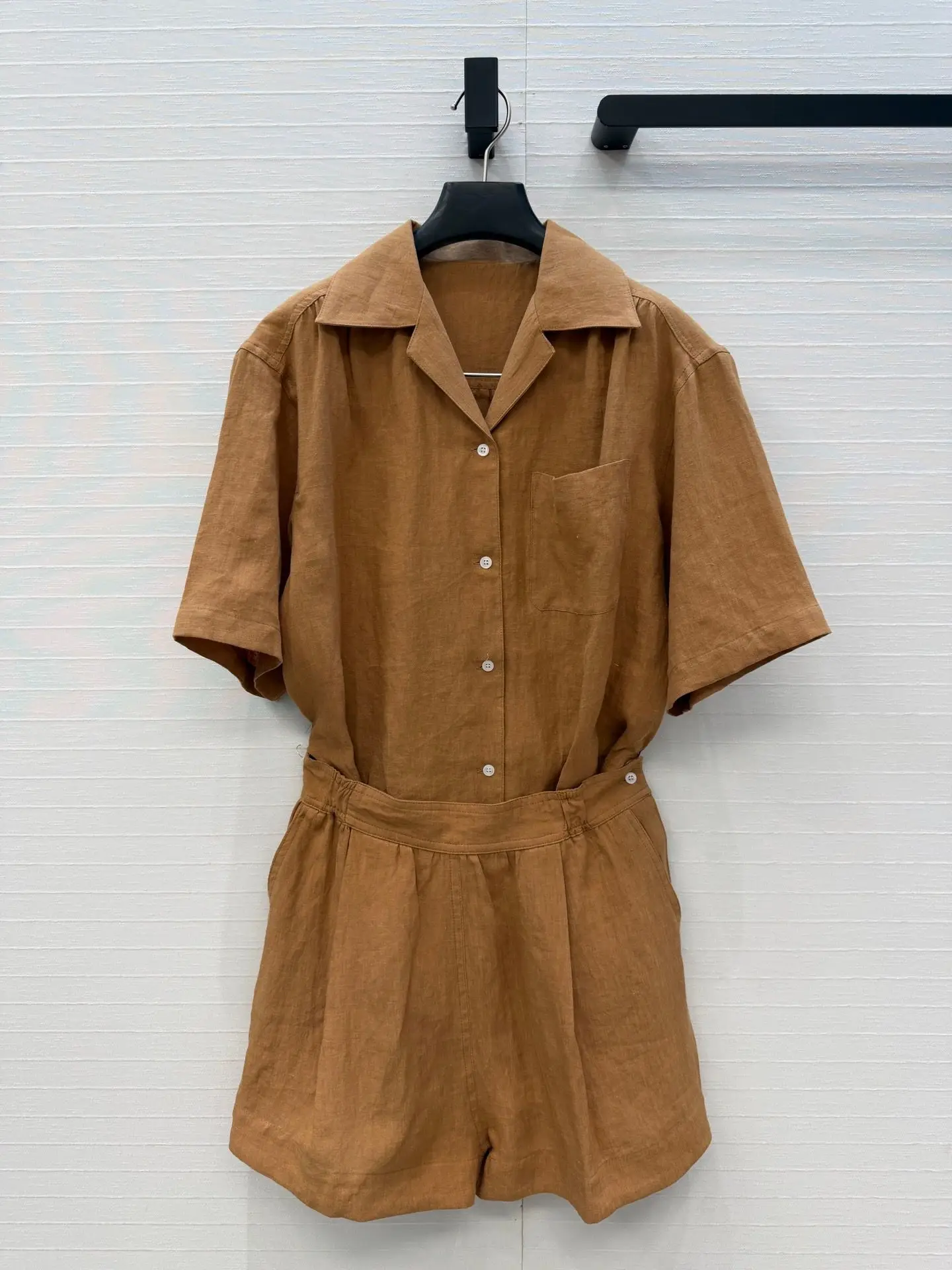 

Summer Linen Jumpsuit Workwear Style Lapel Short Sleeve High Waist Loose Fit Slimming Age Reducing Temperament