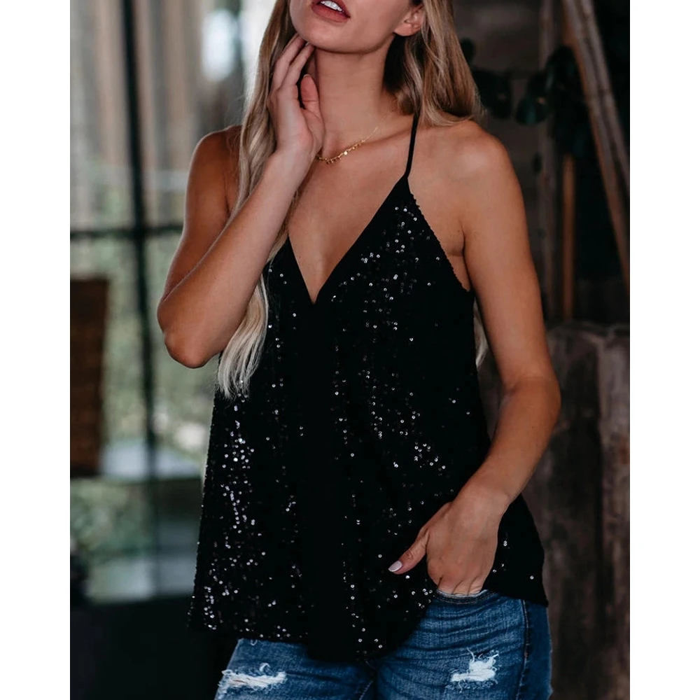 Women Sequin Stitched Design V-Neck Tank Top Fashion Femme Casual Lady Sleeveless Spaghetti Strap T-Shirts Summer Streetwear Top