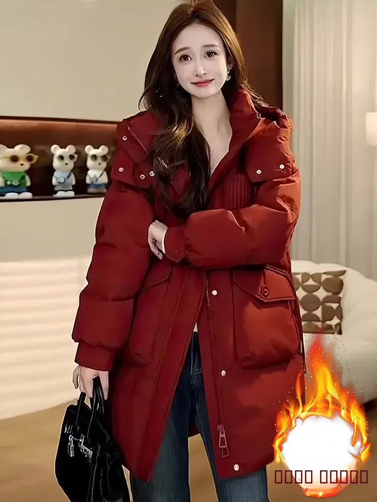 

Thiened down Cotton Jaet Women's Winter New Sle 2026 Mid-Length Hooded Bread Sle Fce-Lined Warm Cotton Coat Outerwear