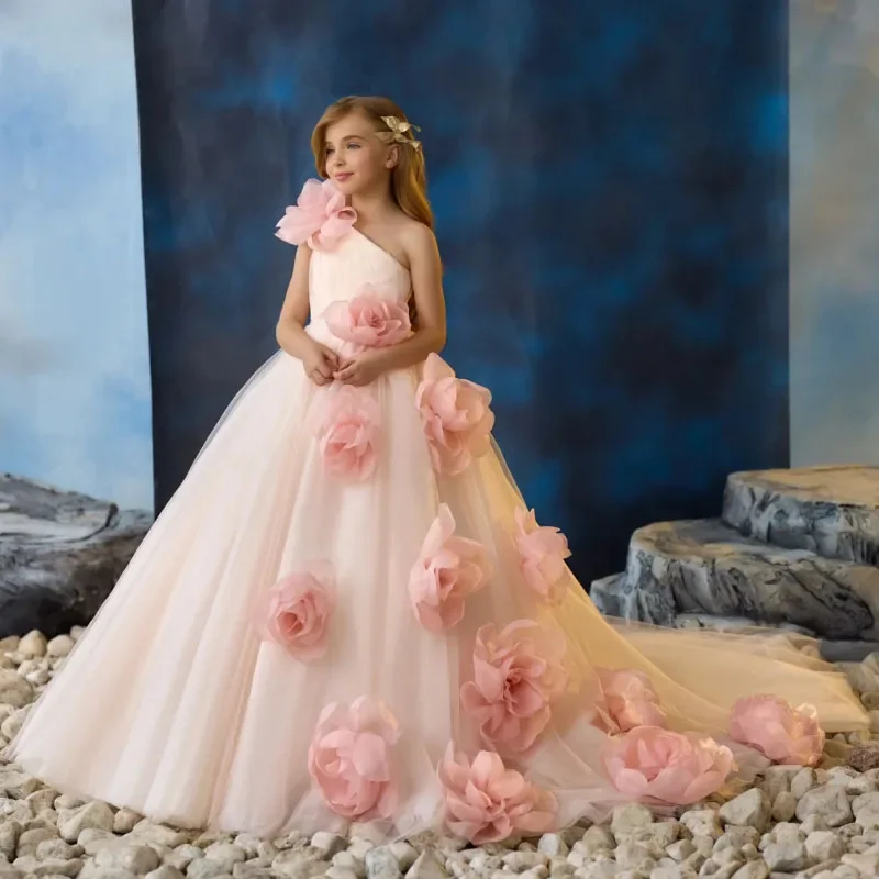 

Custom JDY Flower Girl Dress Pink Tulle Dress with Fresh Flowers One-Shoulder Wedding Birthday Party Communion Banquet Princess
